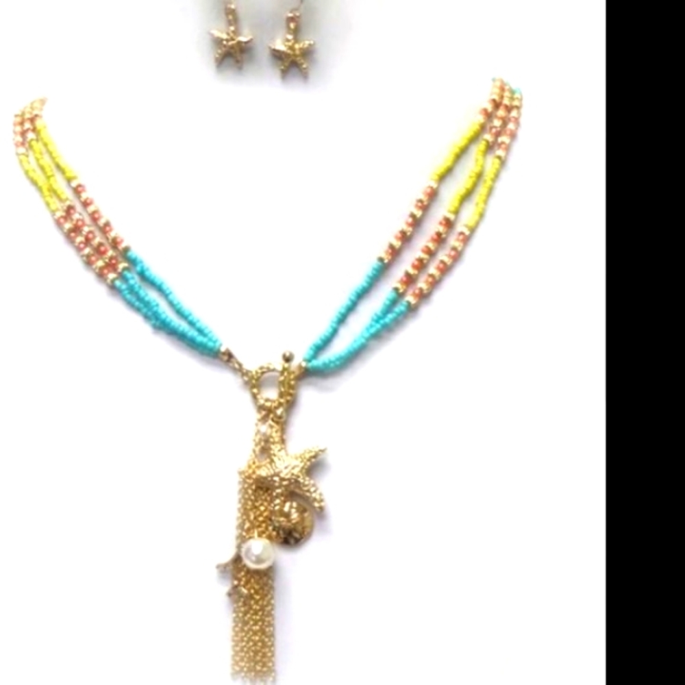 layered seed beaded sea life charm necklace set